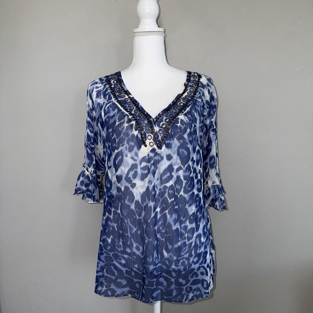Mushka by Sienna Rose Blue Animal Print Tunic Top Women’s PL Embellished Grommet